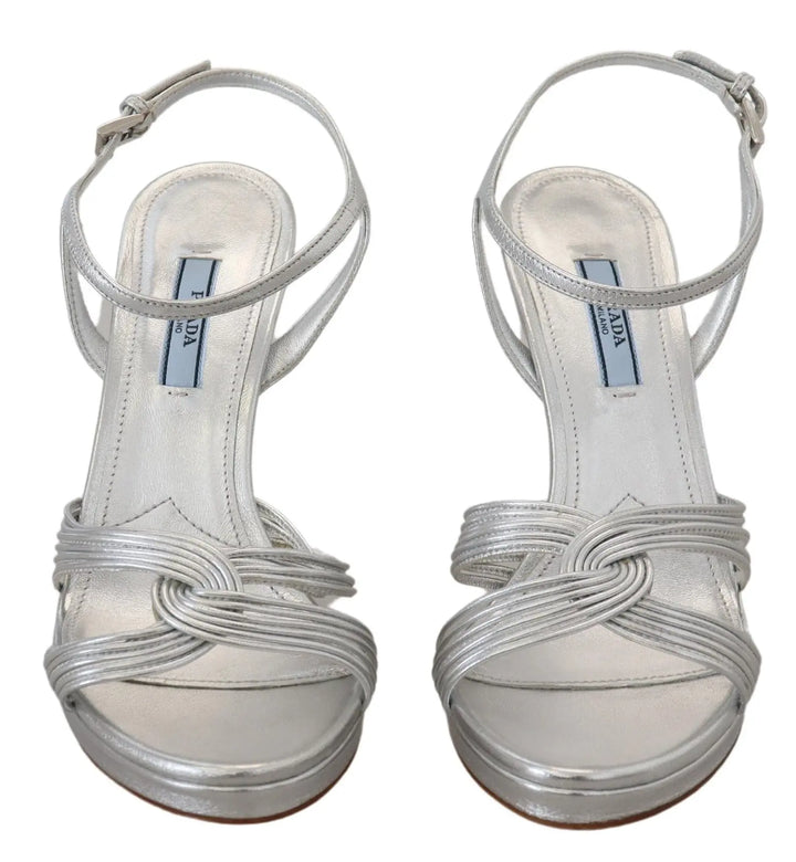 Silver Leather Sandals Ankle Strap Heels Stiletto Prada