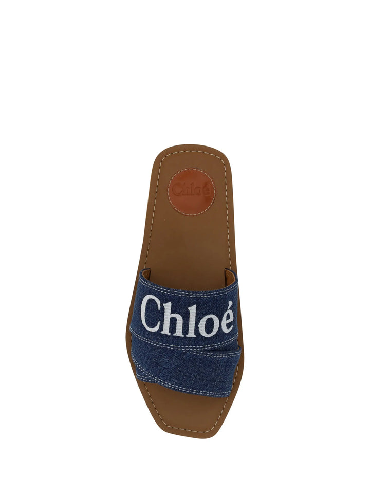 Denim Blue Cotton Slides Woody Sandals Chloé