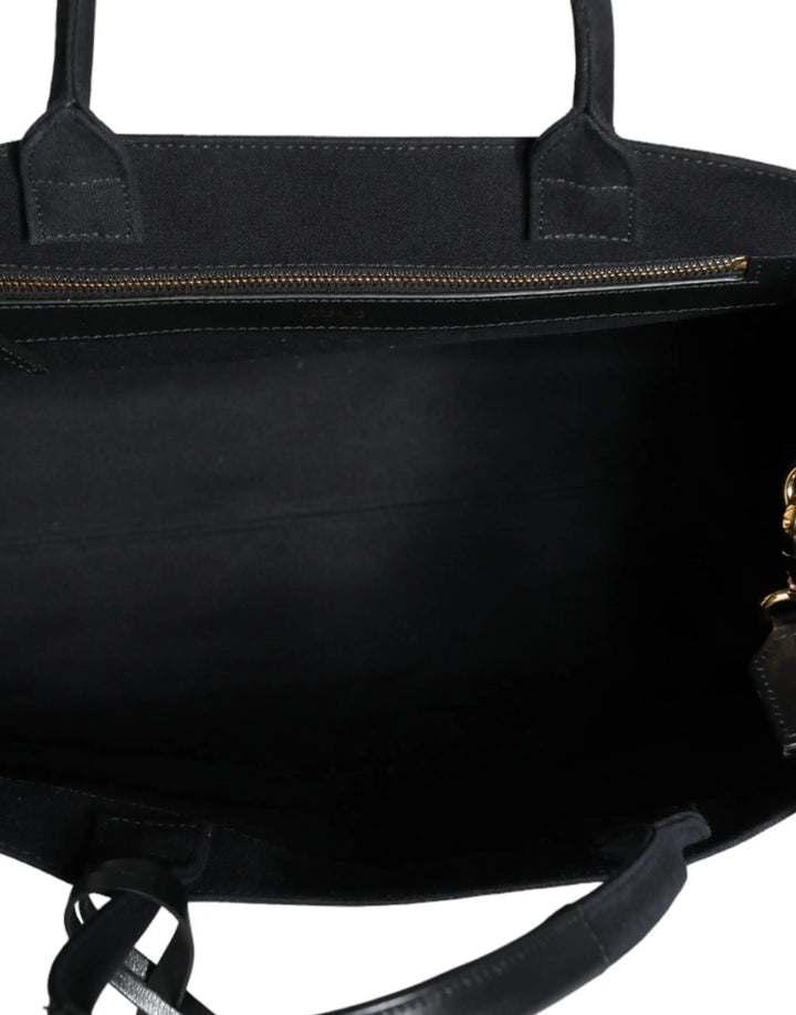 Black Top Handle Canvas Leather Logo Crossbody Tote Bag Versace