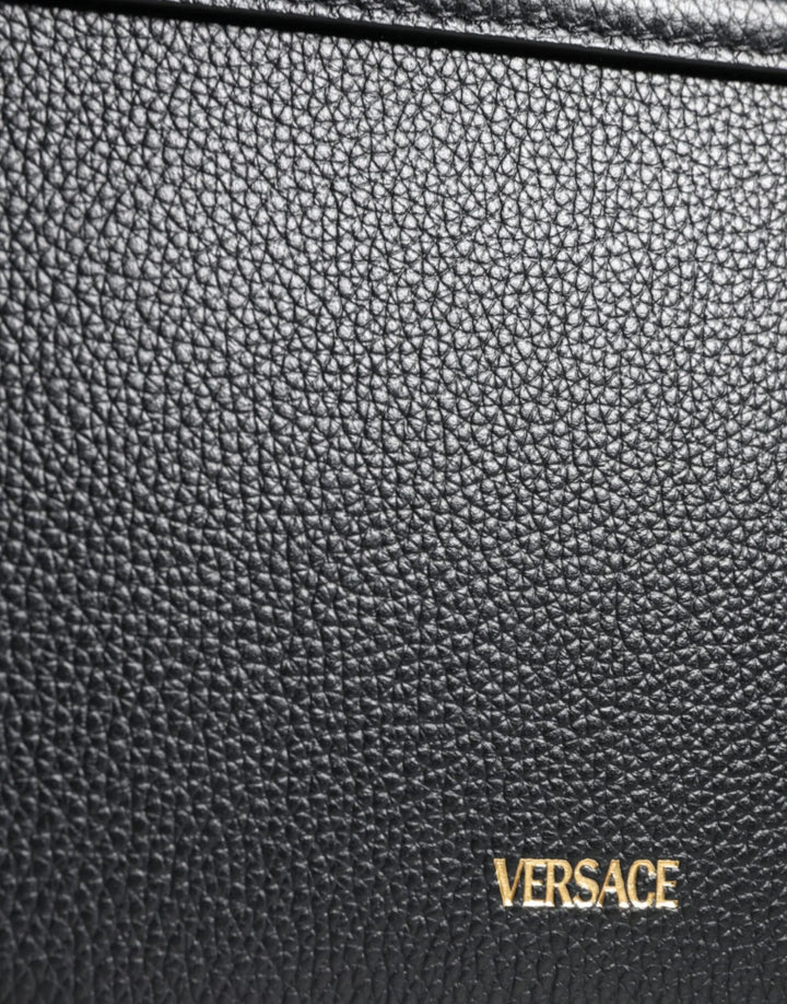 Black Grainy Calf Leather Logo Crossbody Shoulder Bag Versace