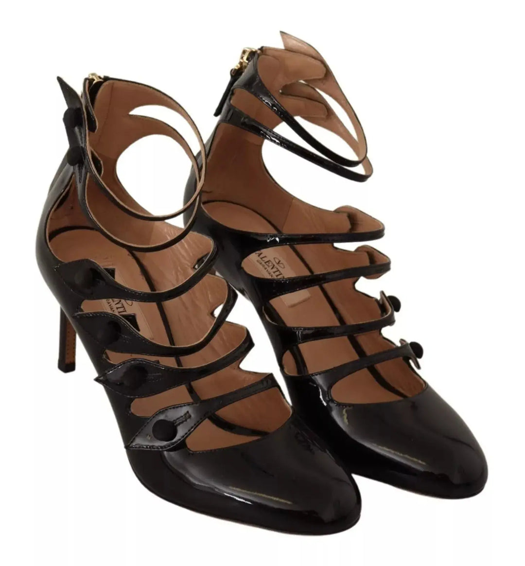 Black Multi Strap Leather Mid Heels Pumps Shoes Valentino