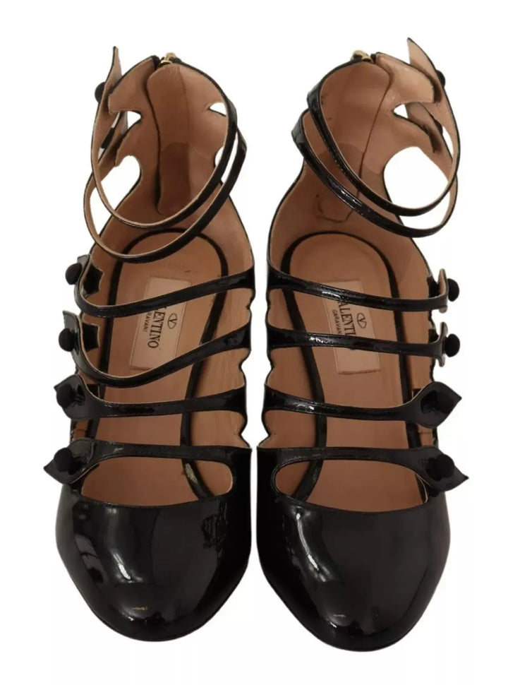 Black Multi Strap Leather Mid Heels Pumps Shoes Valentino