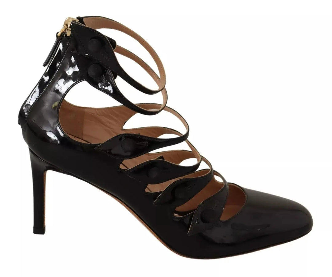 Black Multi Strap Leather Mid Heels Pumps Shoes Valentino