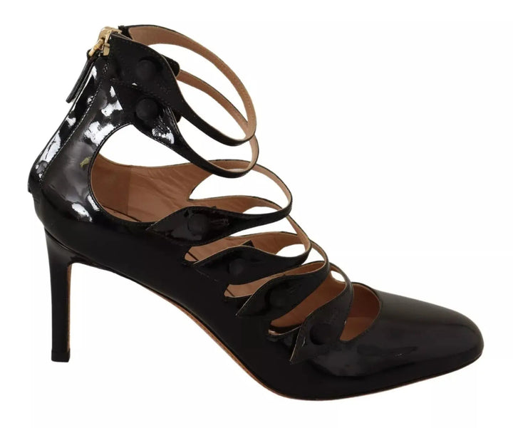 Black Multi Strap Leather Mid Heels Pumps Shoes Valentino