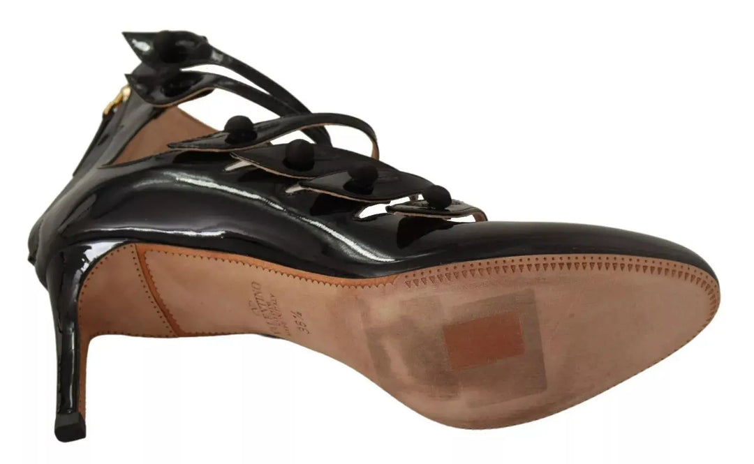 Black Multi Strap Leather Mid Heels Pumps Shoes Valentino