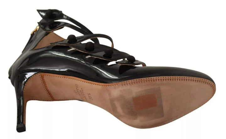 Black Multi Strap Leather Mid Heels Pumps Shoes Valentino