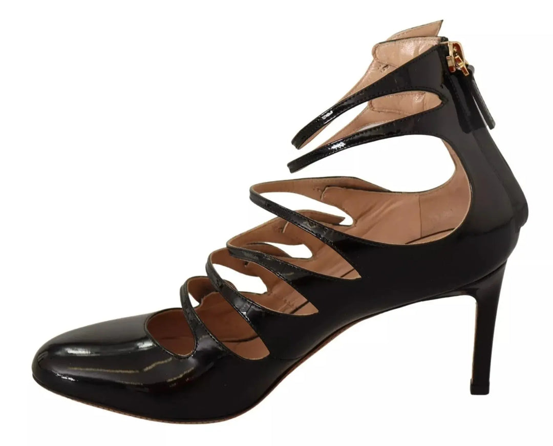 Black Multi Strap Leather Mid Heels Pumps Shoes Valentino