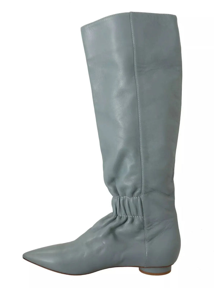 Blue Leather Elastic Flats Pull On Knee High Boots Shoes Valentino