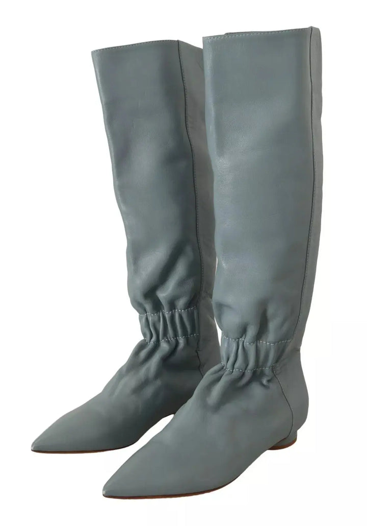 Blue Leather Elastic Flats Pull On Knee High Boots Shoes Valentino
