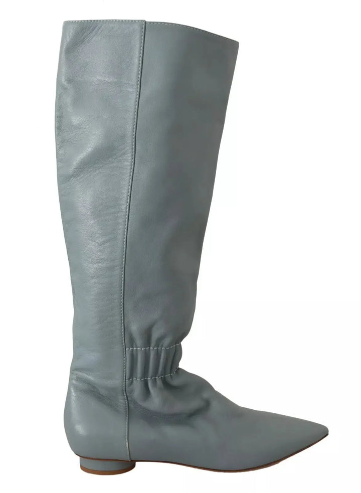 Blue Leather Elastic Flats Pull On Knee High Boots Shoes Valentino