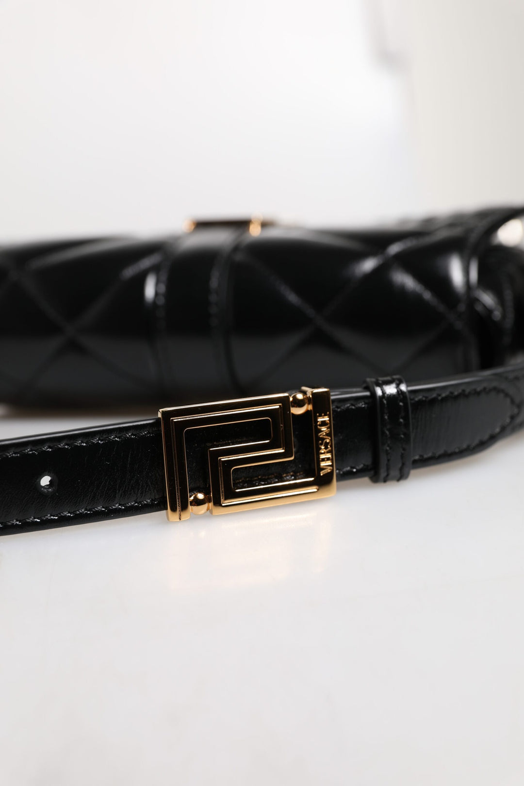 Black Calf Leather Quilted Shoulder Strap Bag Versace