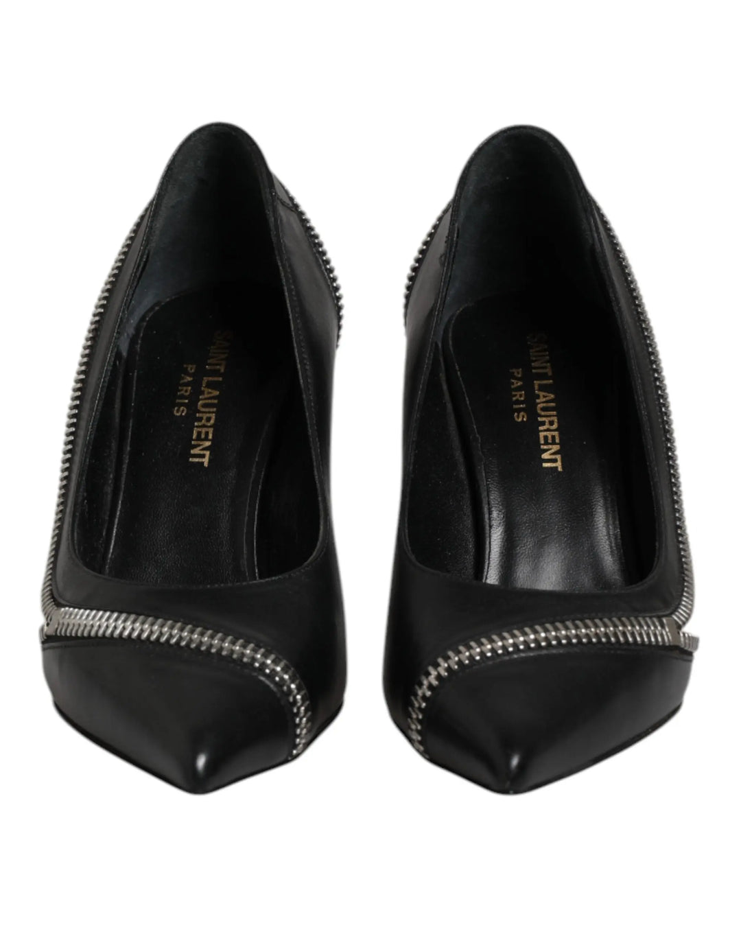 White Black Leather Pointed Toe Heels Shoes Saint Laurent
