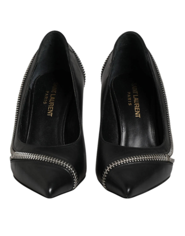 White Black Leather Pointed Toe Heels Shoes Saint Laurent