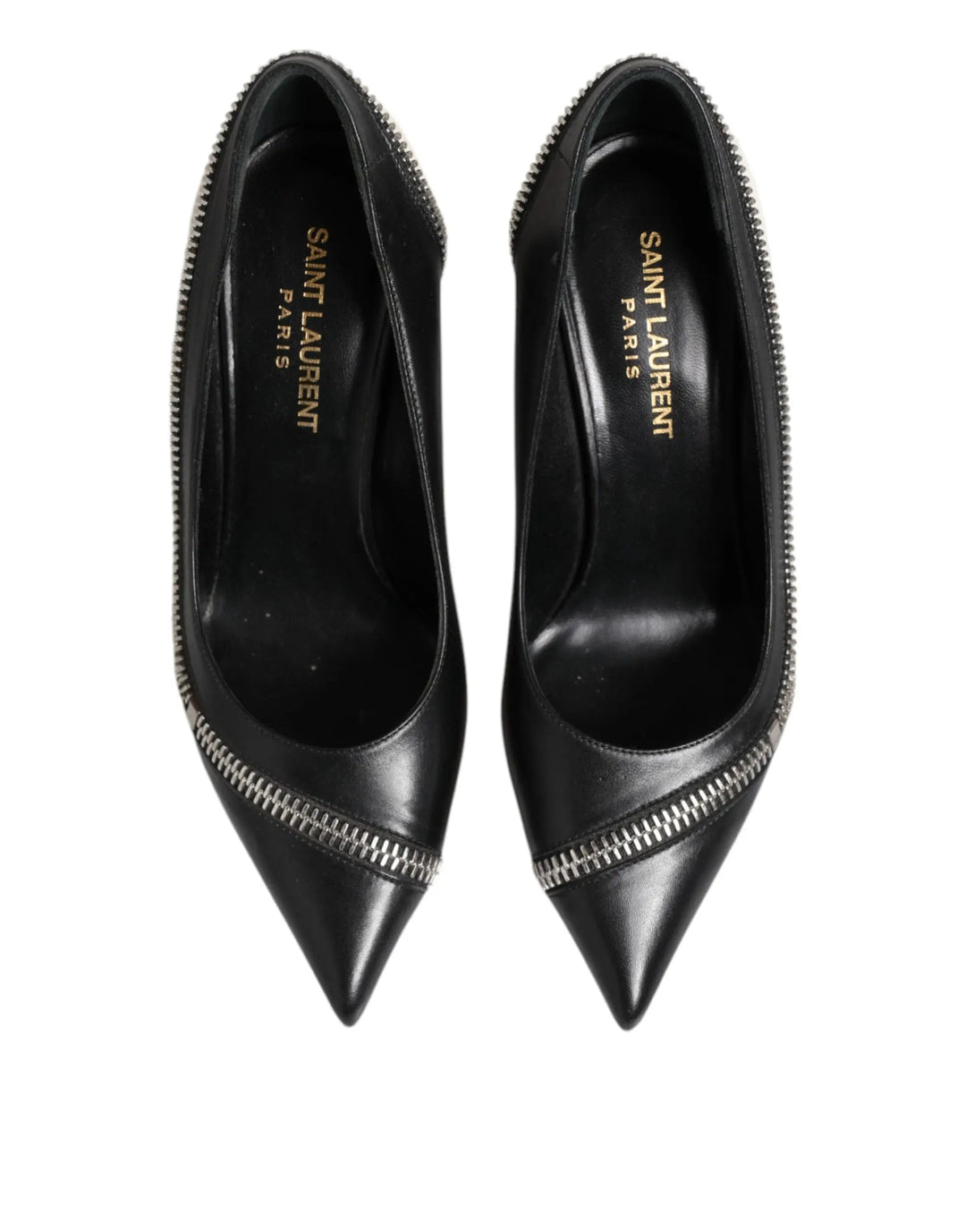 White Black Leather Pointed Toe Heels Shoes Saint Laurent