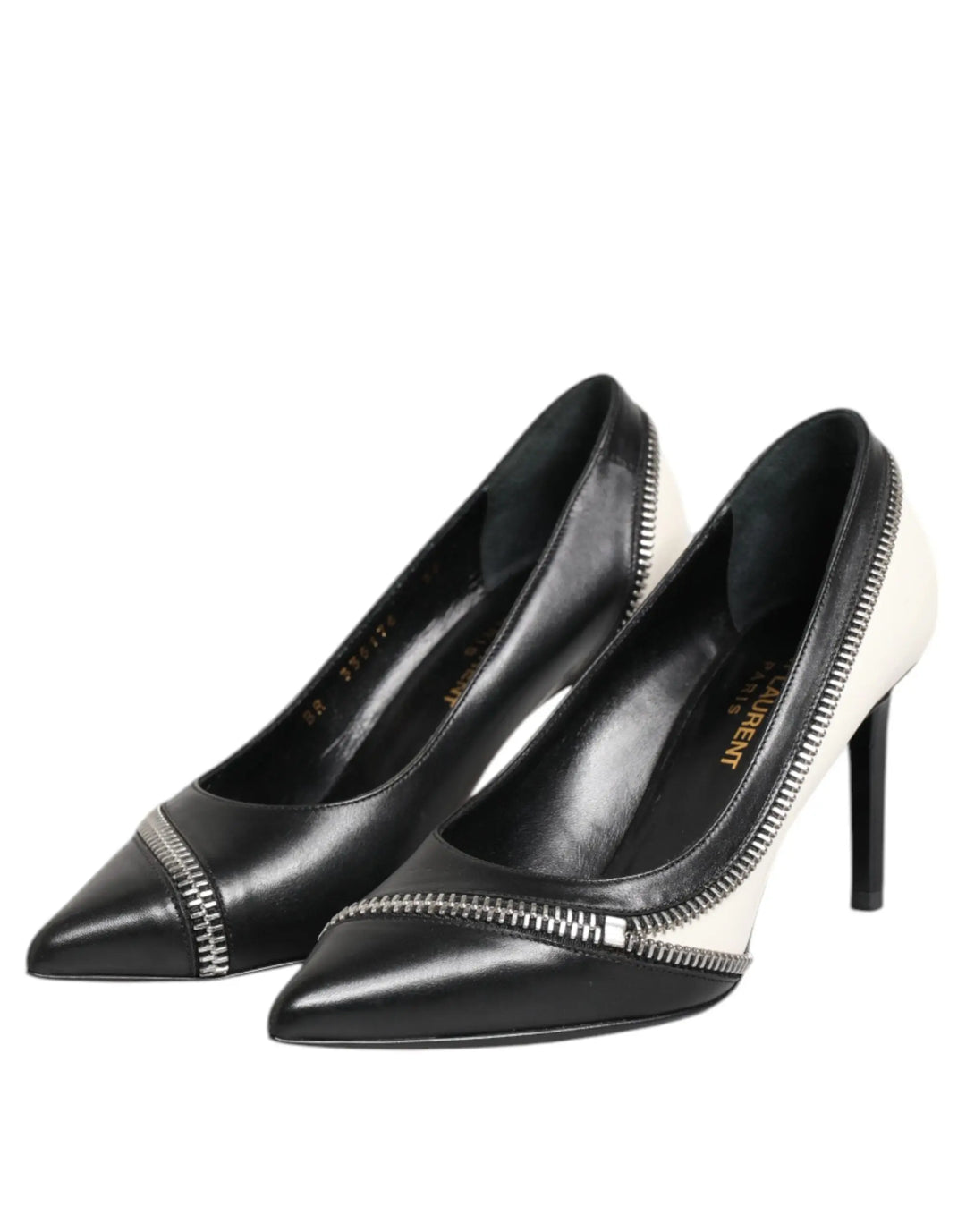 White Black Leather Pointed Toe Heels Shoes Saint Laurent