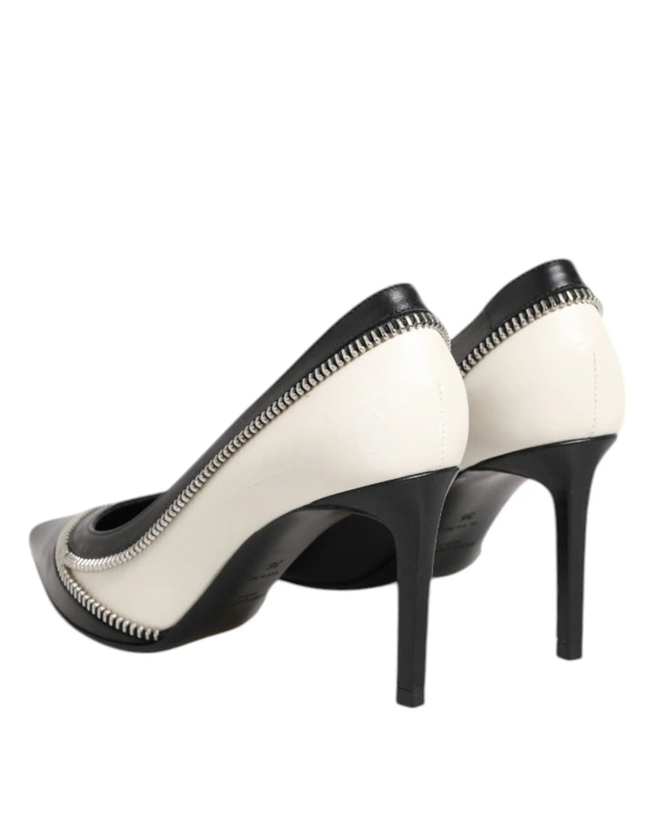 White Black Leather Pointed Toe Heels Shoes Saint Laurent