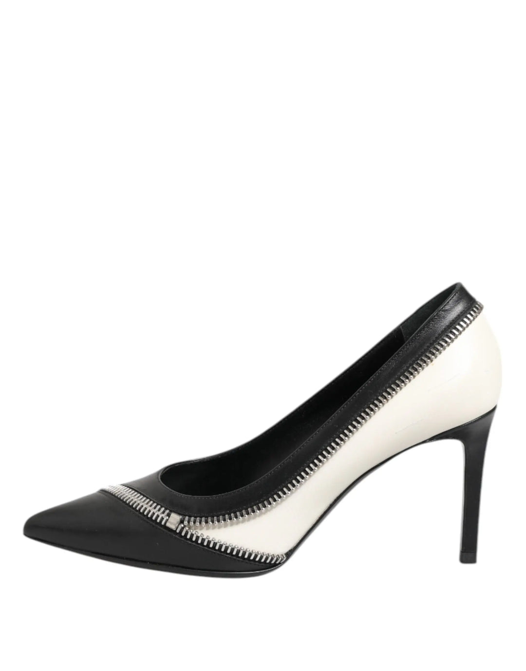 White Black Leather Pointed Toe Heels Shoes Saint Laurent