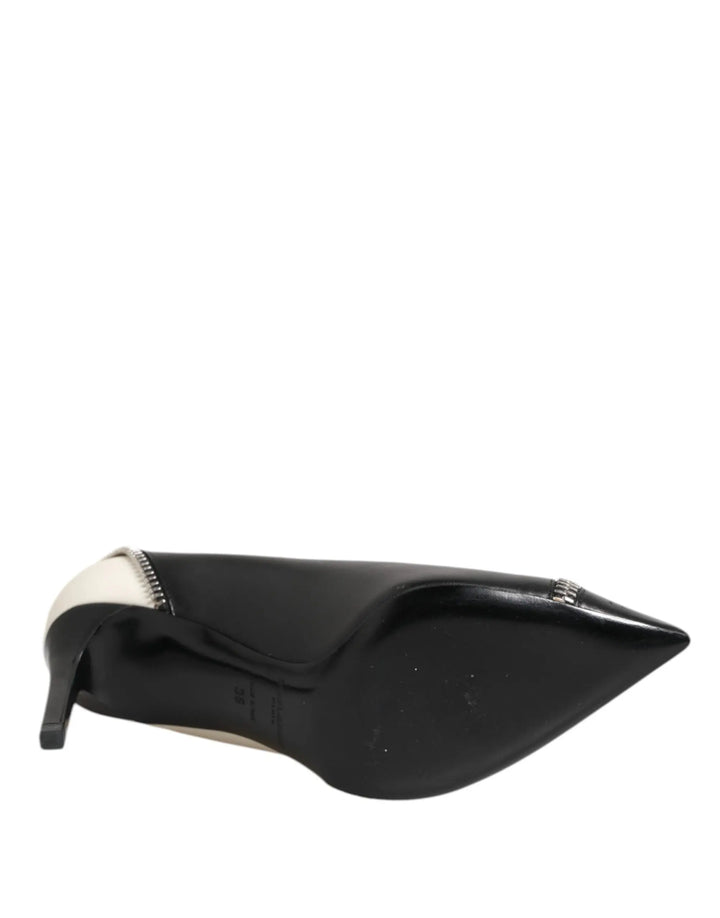 White Black Leather Pointed Toe Heels Shoes Saint Laurent