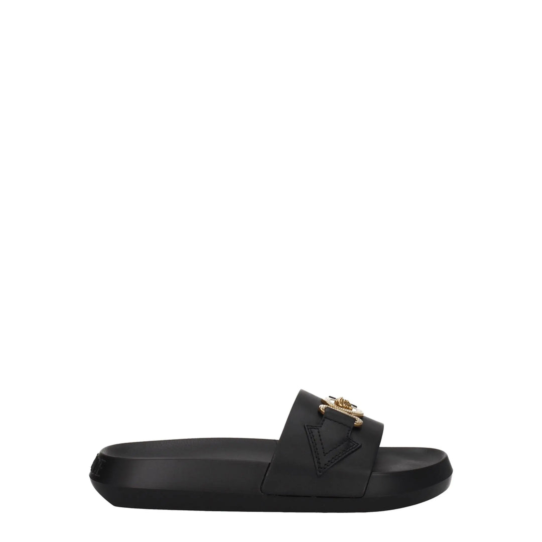 Black Leather Slippers Versace