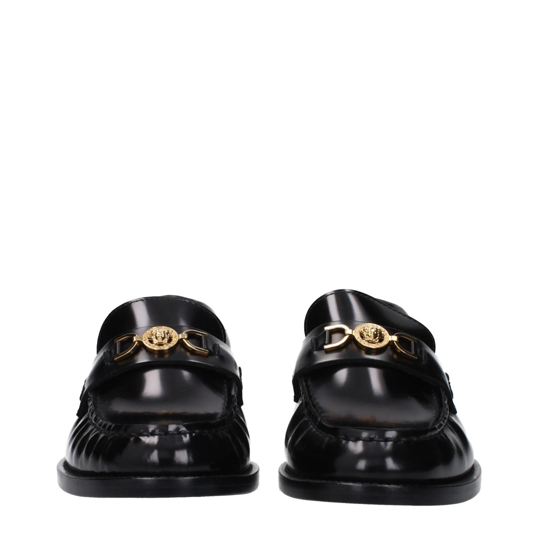 Black Leather Slip-On Loafers Versace