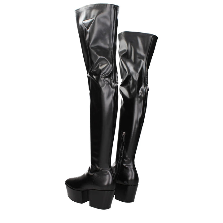 Black Leather Over The Knee Prada