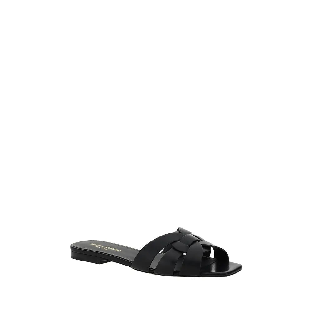 Black Calf Leather Bos Taurus Flat Sandals Saint Laurent