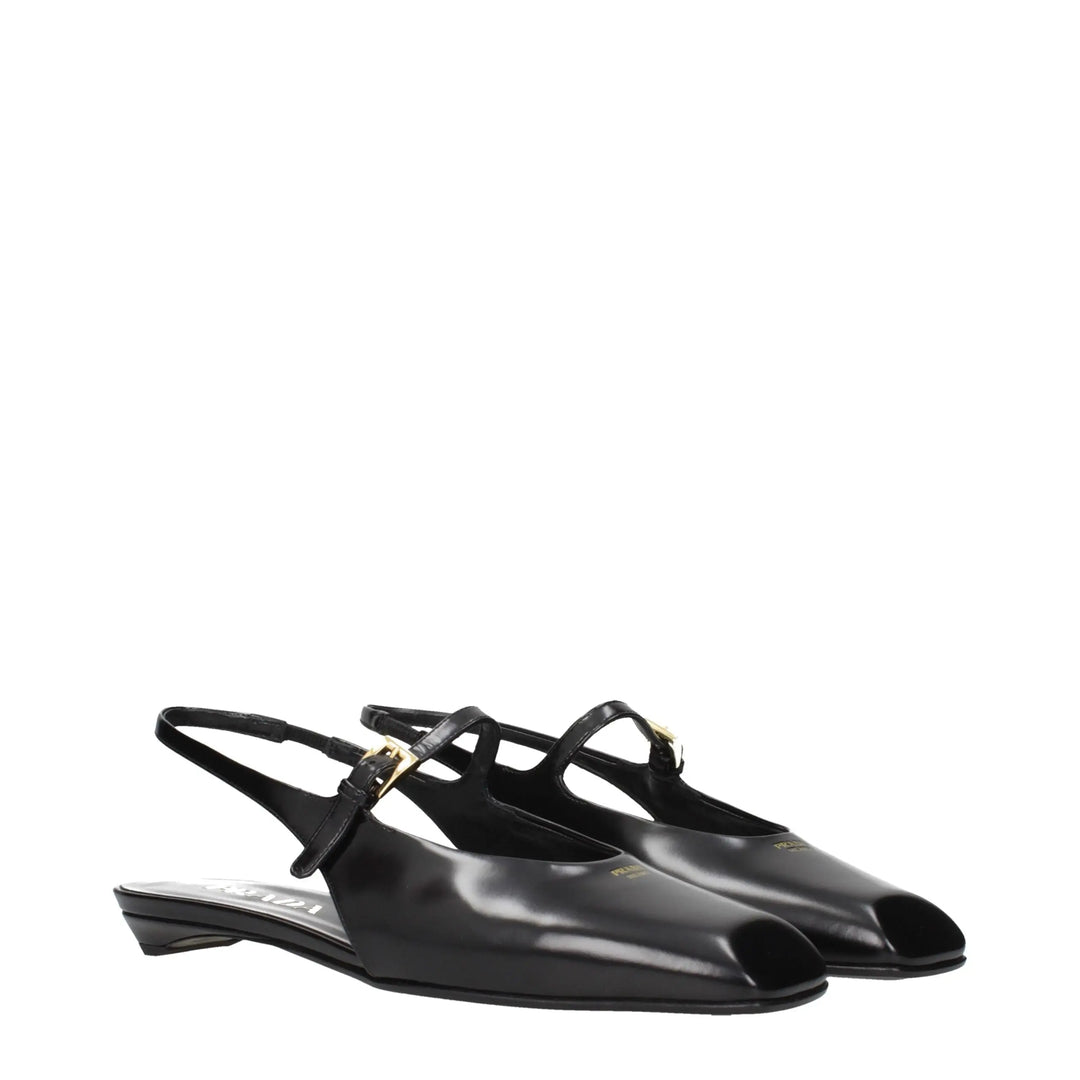 Black Leather Flat Sandals Prada