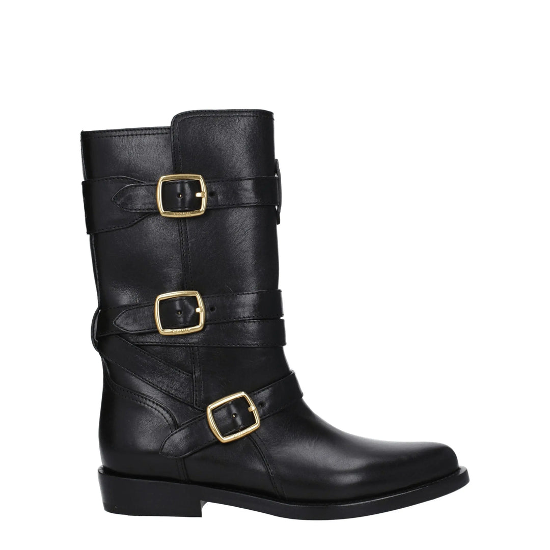 Black Leather Flat Boots Celine