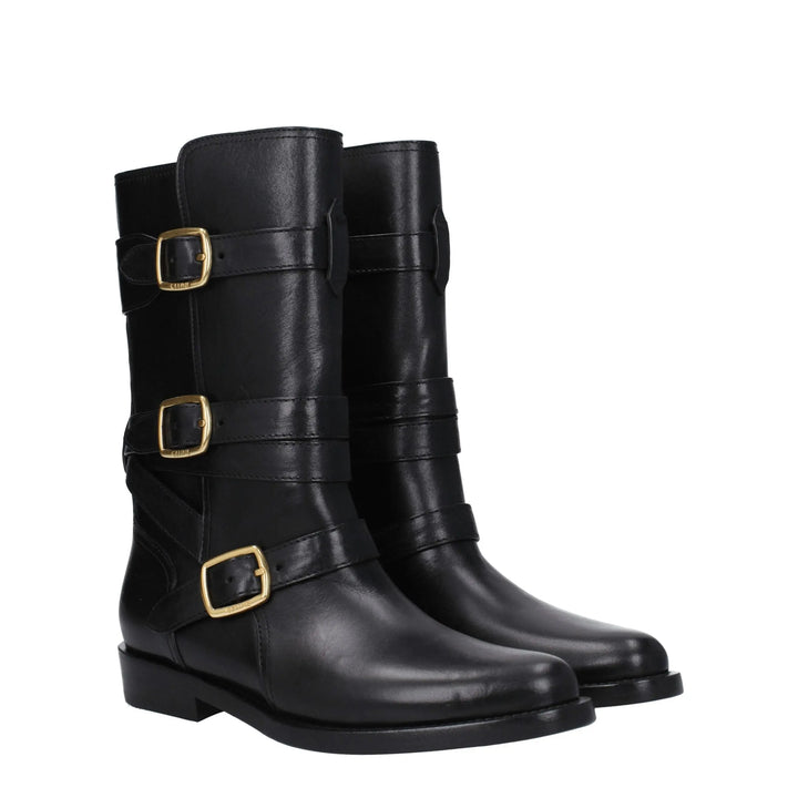 Black Leather Flat Boots Celine
