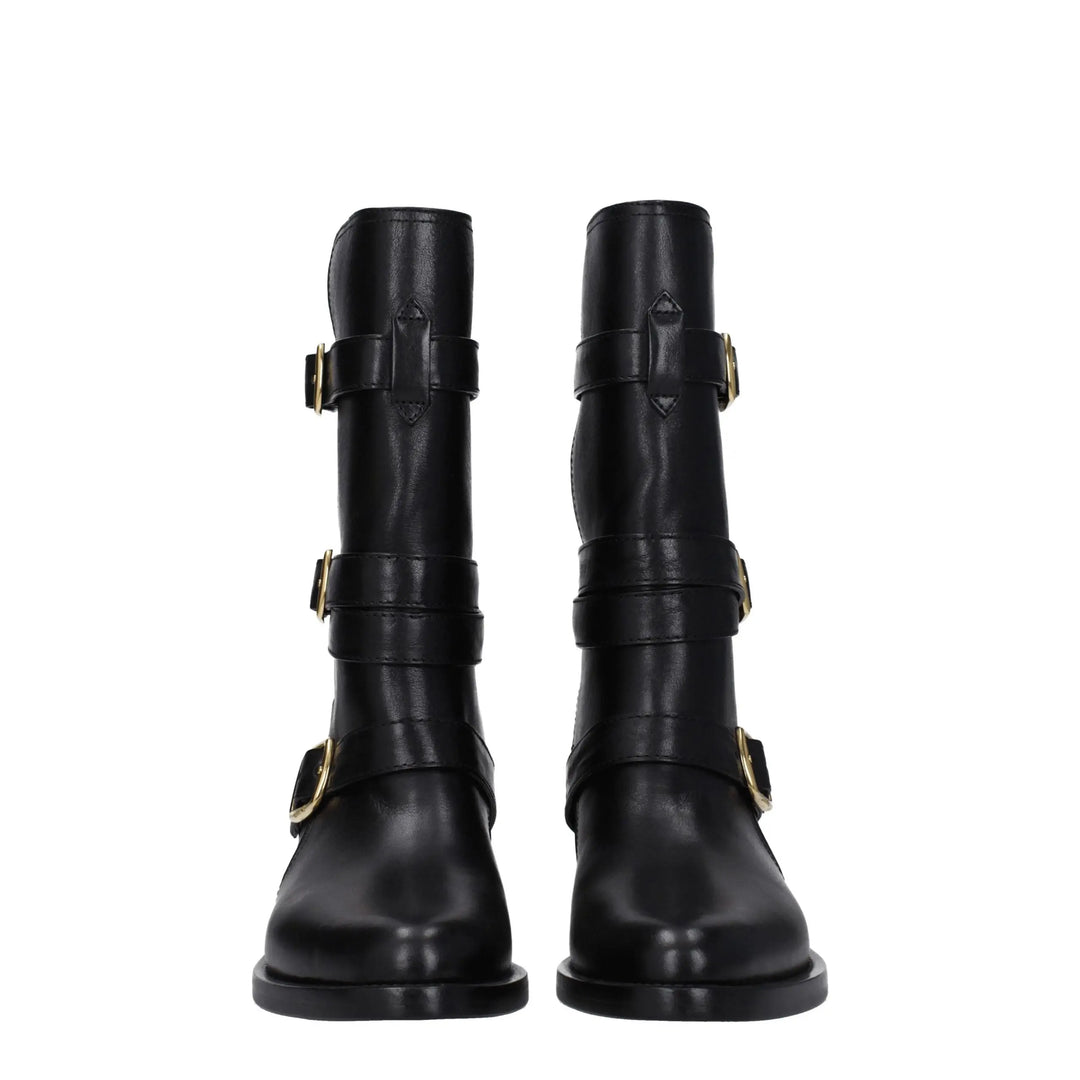 Black Leather Flat Boots Celine