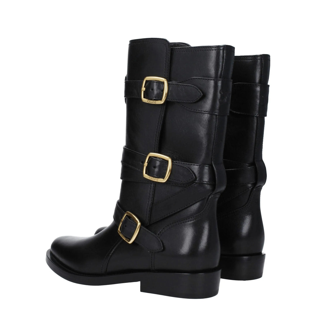 Black Leather Flat Boots Celine