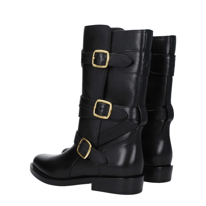 Black Leather Flat Boots Celine