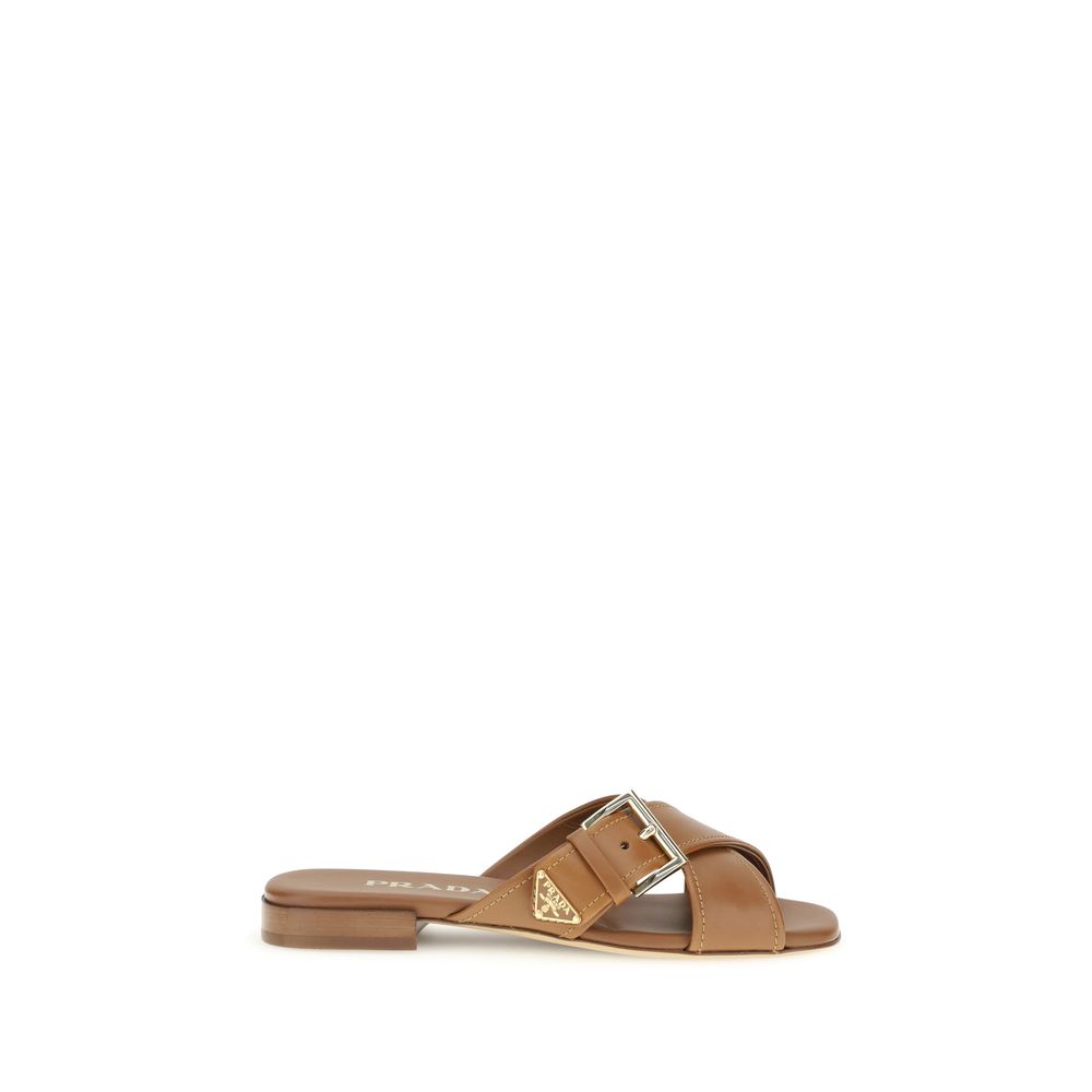 Brown Calf Leather Bos Taurus Flat Sandals Prada