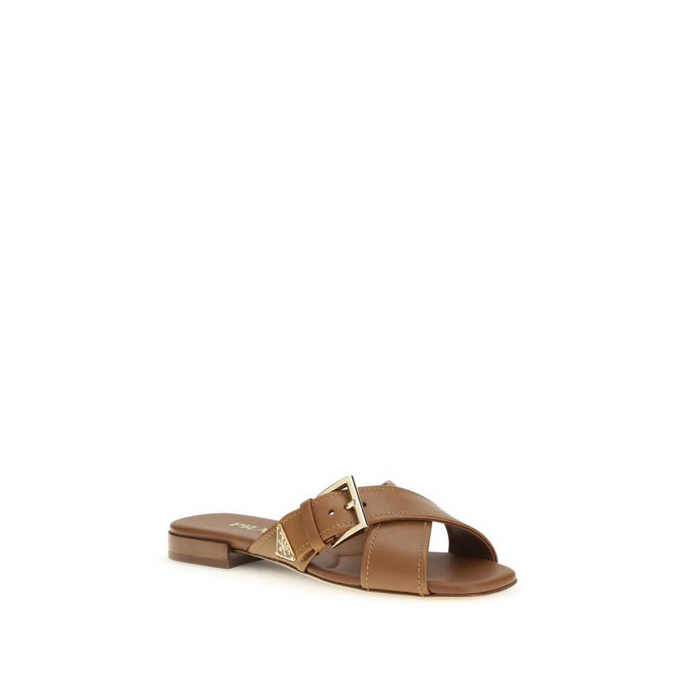 Brown Calf Leather Bos Taurus Flat Sandals Prada