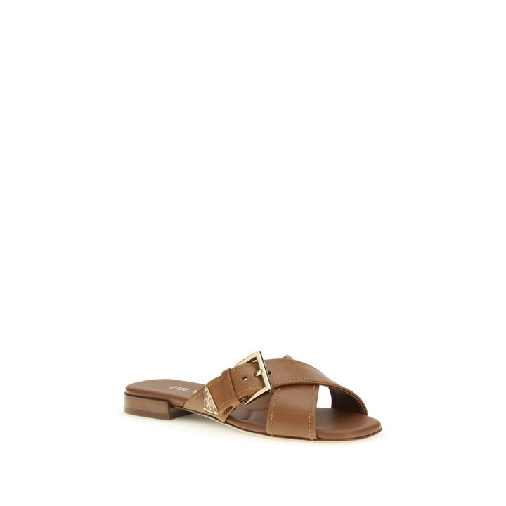 Brown Calf Leather Bos Taurus Flat Sandals Prada