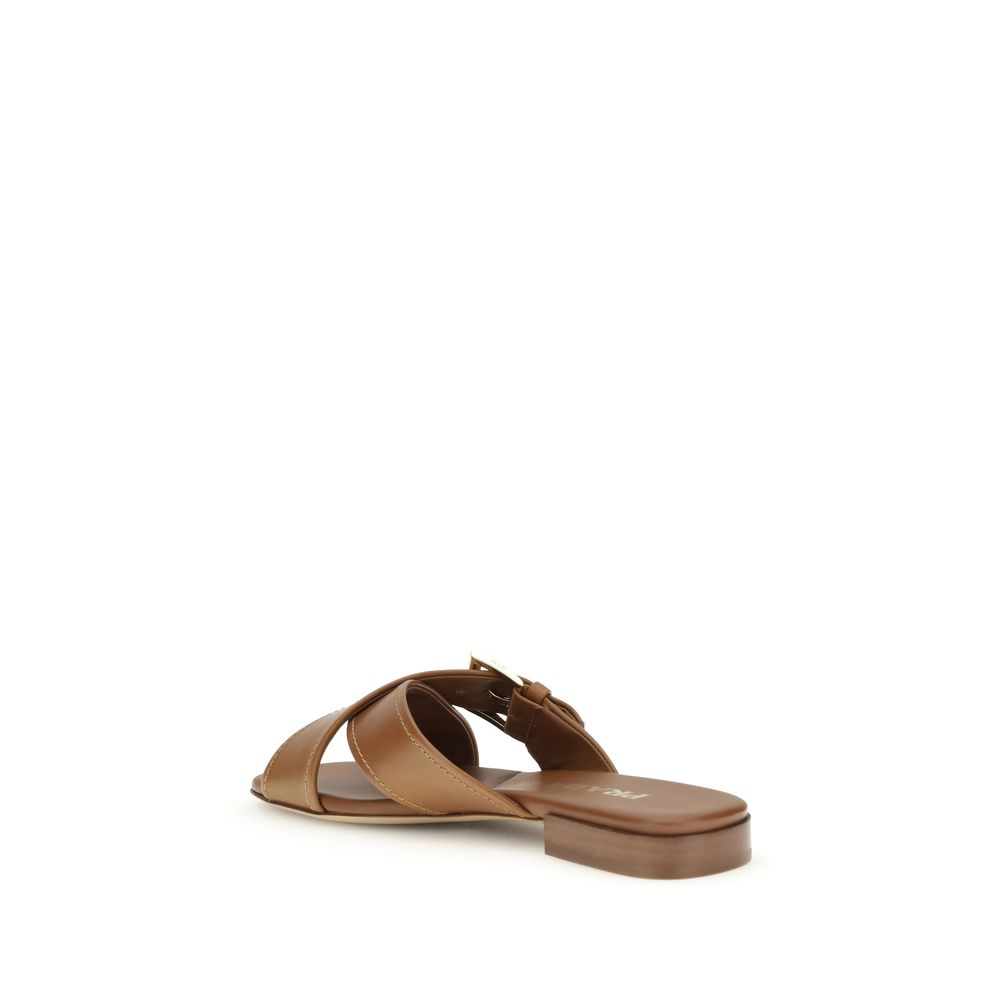 Brown Calf Leather Bos Taurus Flat Sandals Prada