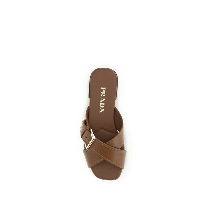 Brown Calf Leather Bos Taurus Flat Sandals Prada