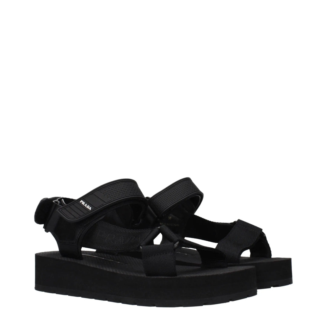 Black Fabric Flat Sandals Prada