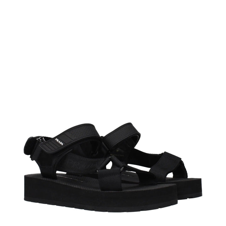 Black Fabric Flat Sandals Prada