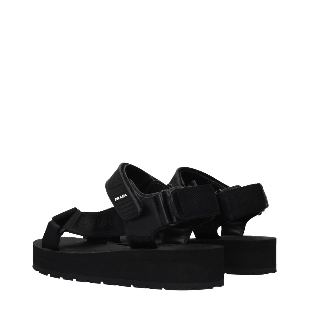 Black Fabric Flat Sandals Prada
