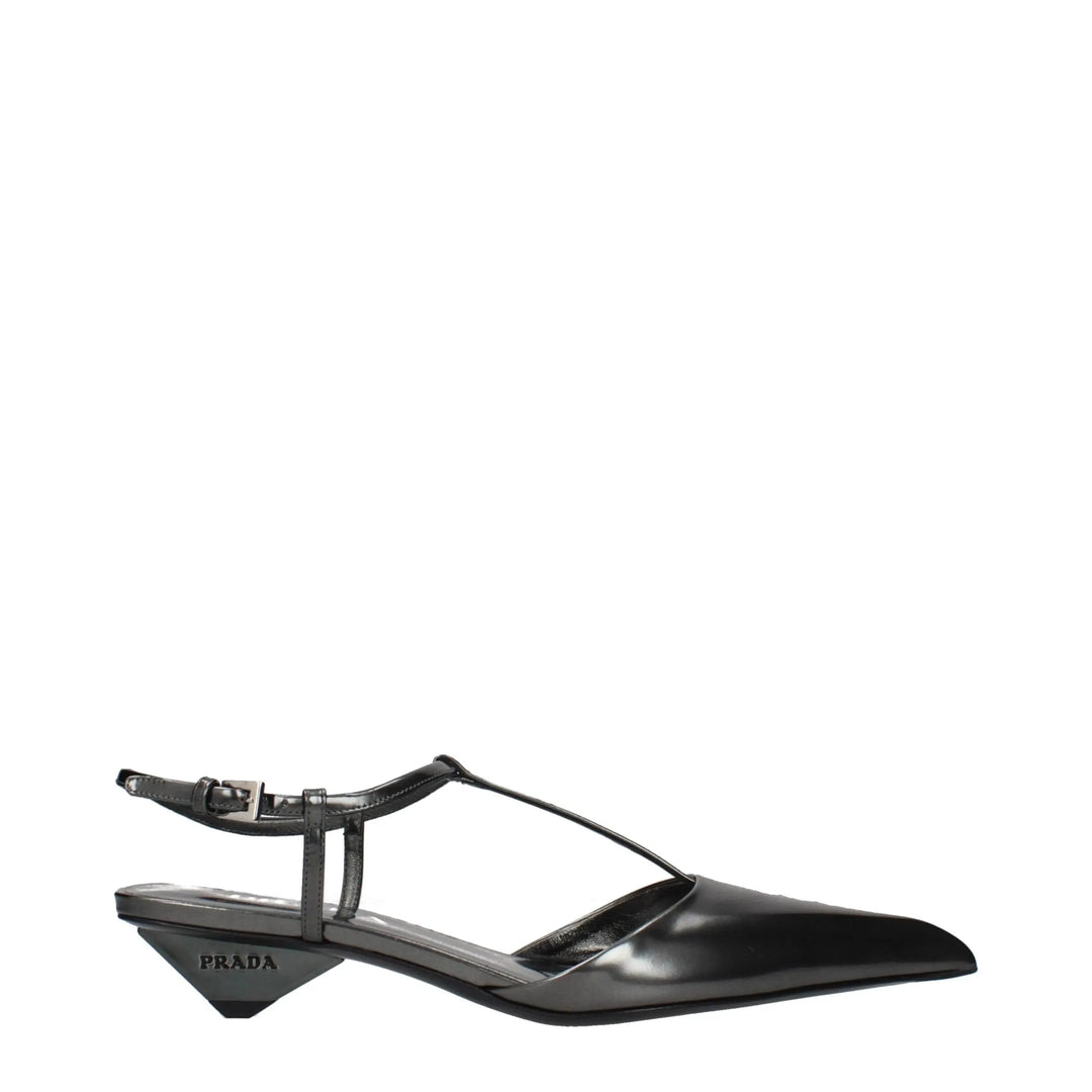Gray Leather Flat Sandals Prada