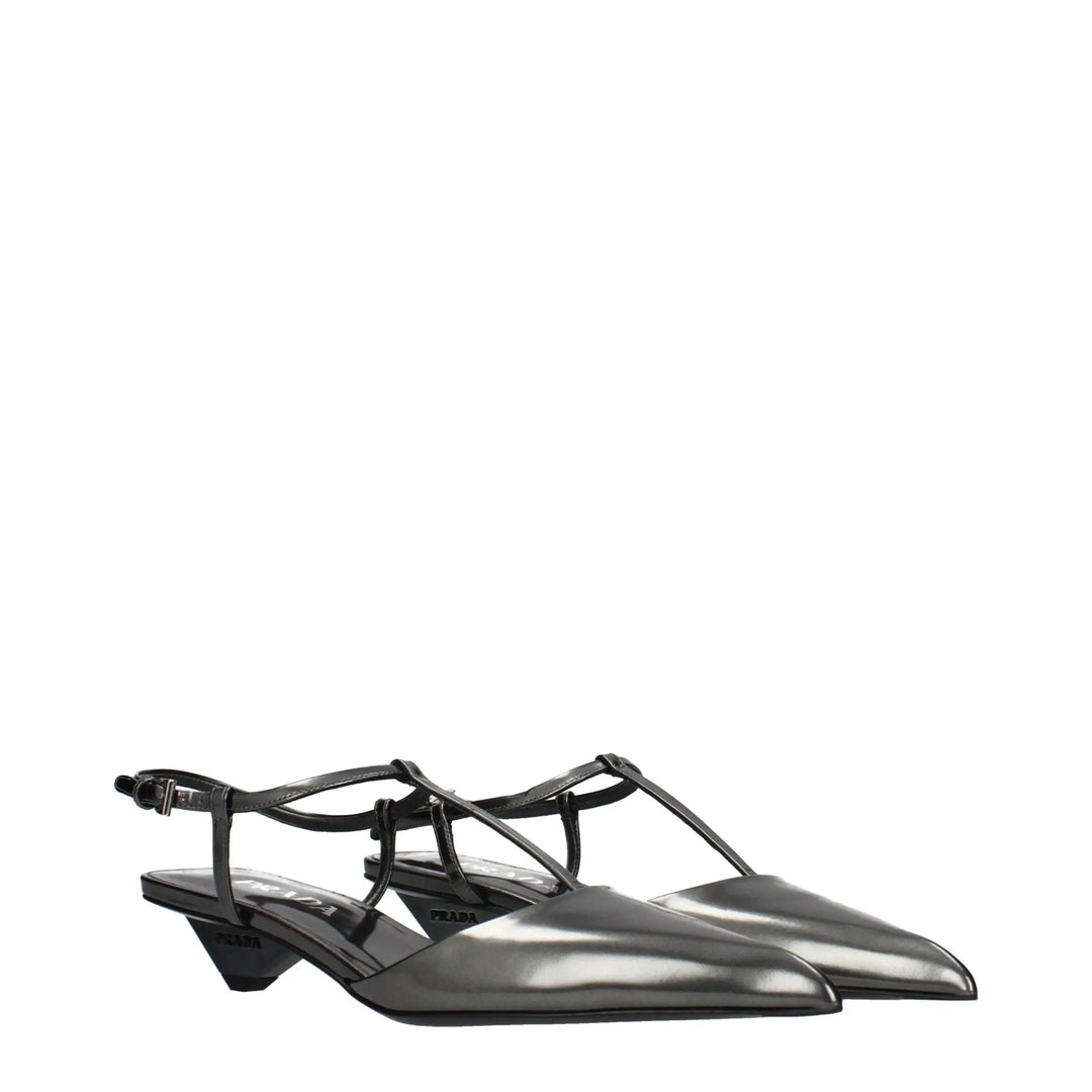 Gray Leather Flat Sandals Prada
