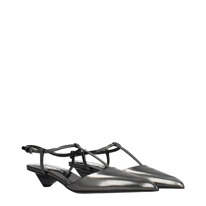 Gray Leather Flat Sandals Prada