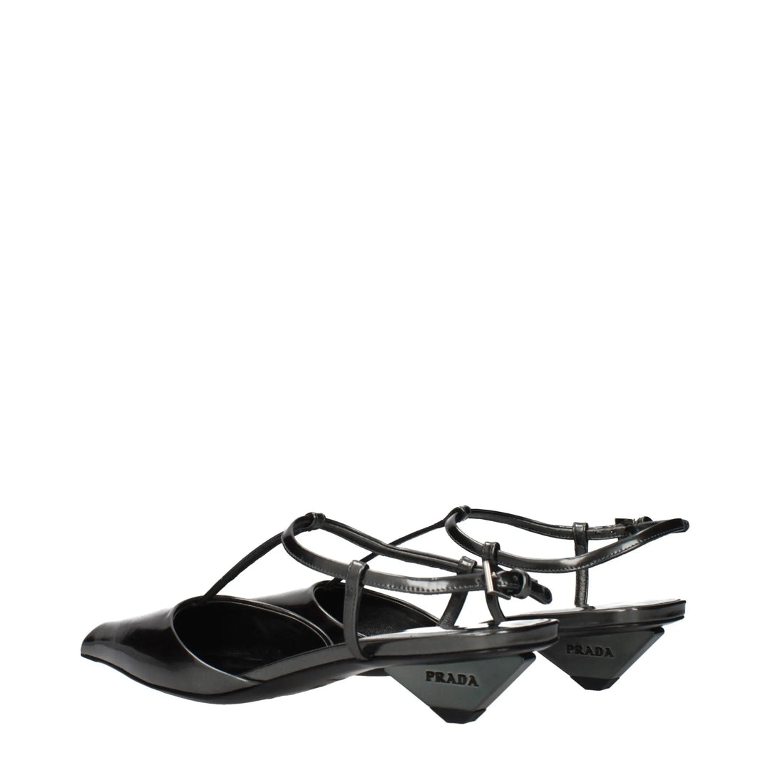Gray Leather Flat Sandals Prada