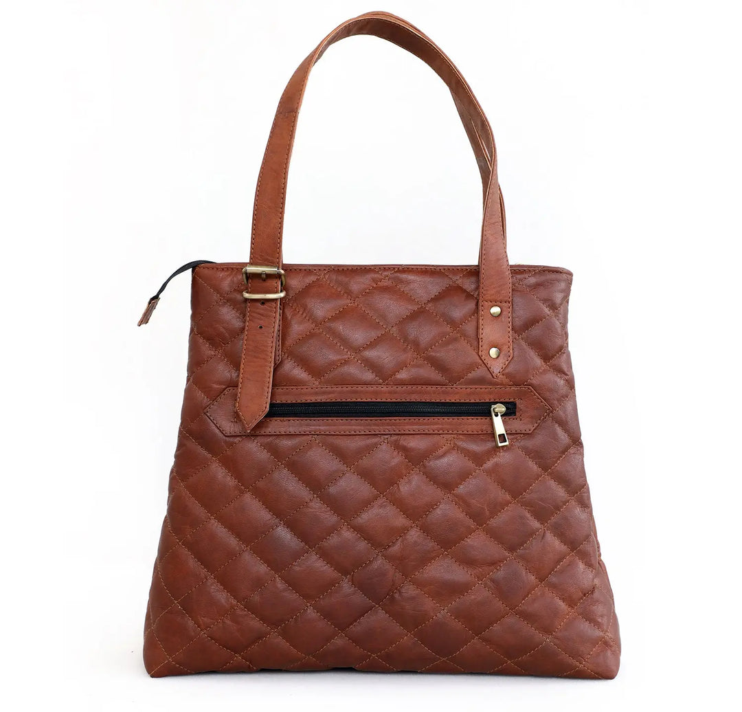 Genuine Goat Leather Vintage Brown Large Tote Shoulder Bag with Zipper Salmon Alder