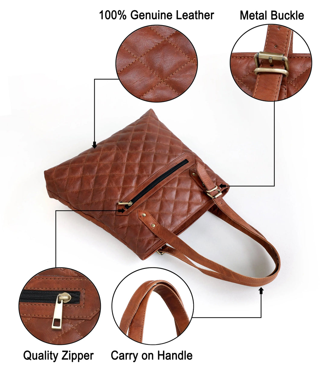 Genuine Goat Leather Vintage Brown Large Tote Shoulder Bag with Zipper Salmon Alder