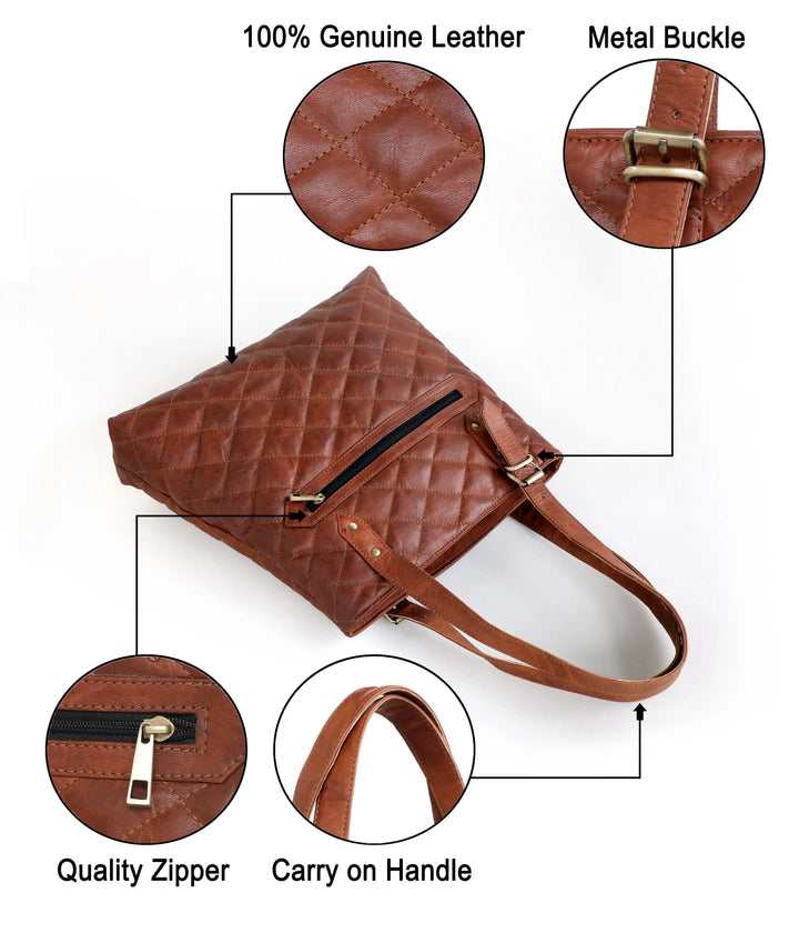 Genuine Goat Leather Vintage Brown Large Tote Shoulder Bag with Zipper Salmon Alder