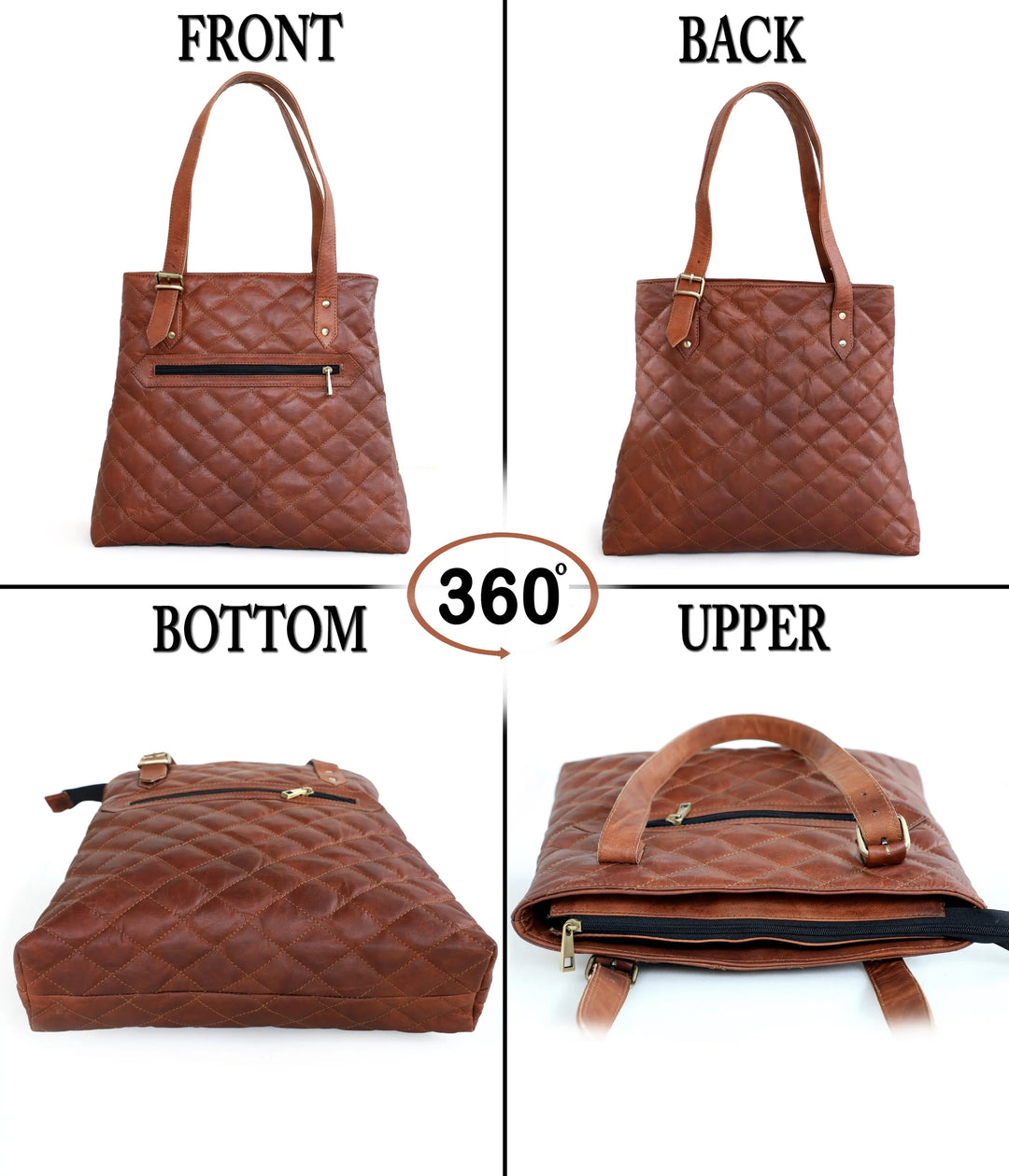 Genuine Goat Leather Vintage Brown Large Tote Shoulder Bag with Zipper Salmon Alder