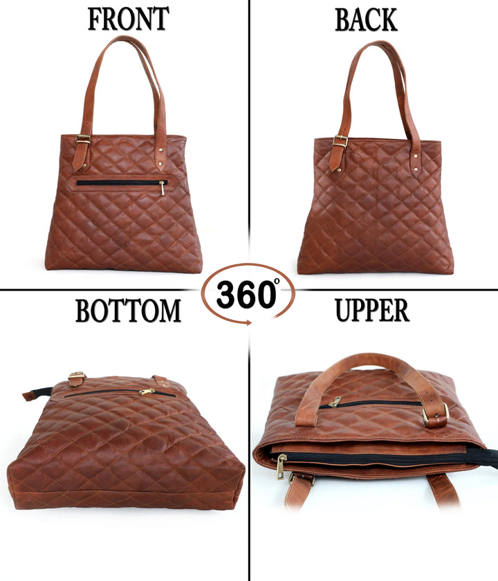 Genuine Goat Leather Vintage Brown Large Tote Shoulder Bag with Zipper Salmon Alder